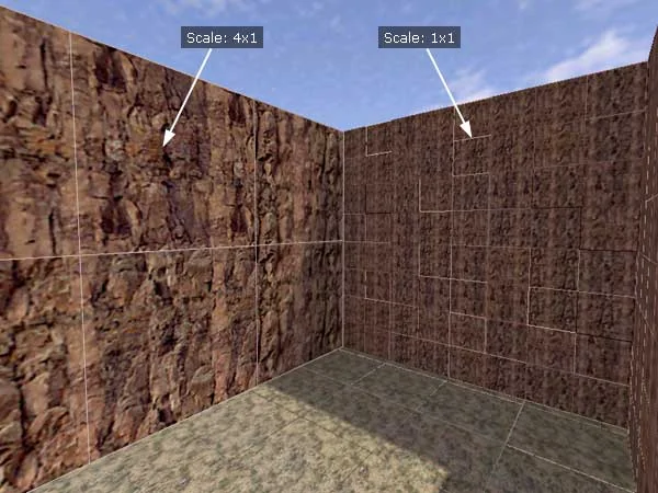 On the wall on the left, the textures are applied at a scale of 4x1 (only 6 polygons), and on the right - 1x1 (16 times more polygons!) On the wall on the left, the textures are applied at a scale of 4x1 (only 6 polygons), and on the right - 1x1 (16 times more polygons!)